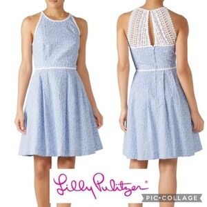 Lilly Pulitzer Tori Dress Crew Blue Stripe Floral Eyelet Lace Shift Dress Size 6